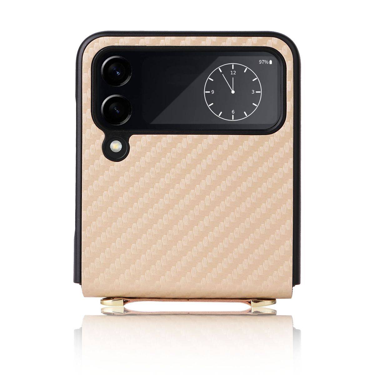 Für Samsung Galaxy Z Flip4 5G Kunstleder / Kunststoff Kohlefaser Struktur Handy Tasche Hülle Etuis Gold