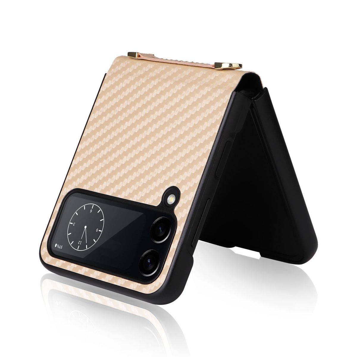 Für Samsung Galaxy Z Flip4 5G Kunstleder / Kunststoff Kohlefaser Struktur Handy Tasche Hülle Etuis Gold