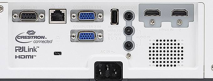 Rückseite einer Crestron-Steuereinheit mit seriellen, LAN-, Computer-VGA-, USB-, HDMI-, Audio- und AC-Stromversorgungsanschlüssen.
