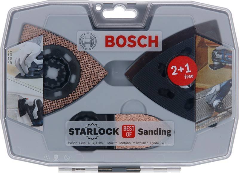 Bosch Starlock Schleif-Set mit sichtbaren Schleifscheiben, versehen mit einer Werbeaufschrift 