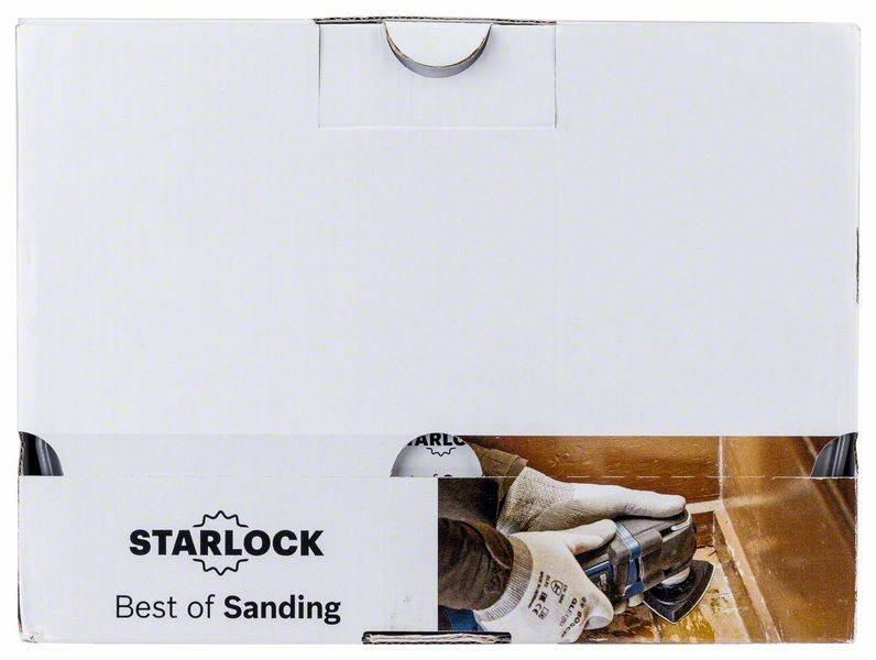 Ein Arbeiter mit Handschuhen schleift eine Holzoberfläche mit einem elektrischen Schleifgerät. Text unten liest: 'Starlock Best of Sanding