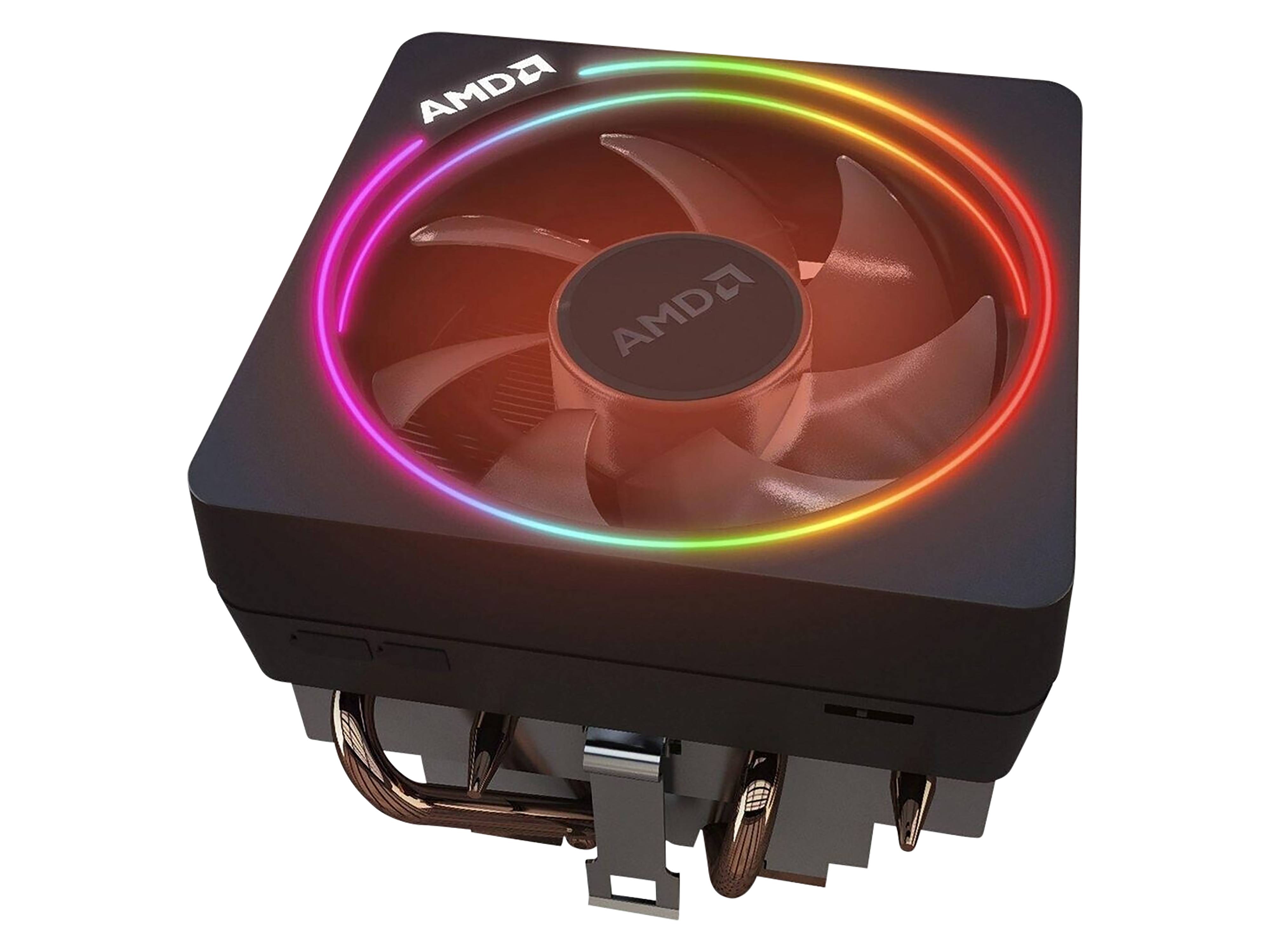 Ein Computer-CPU-Kühler mit schwarzem Gehäuse, ausgestattet mit einem Lüfter und RGB-LED-Beleuchtung rund um den Umfang.