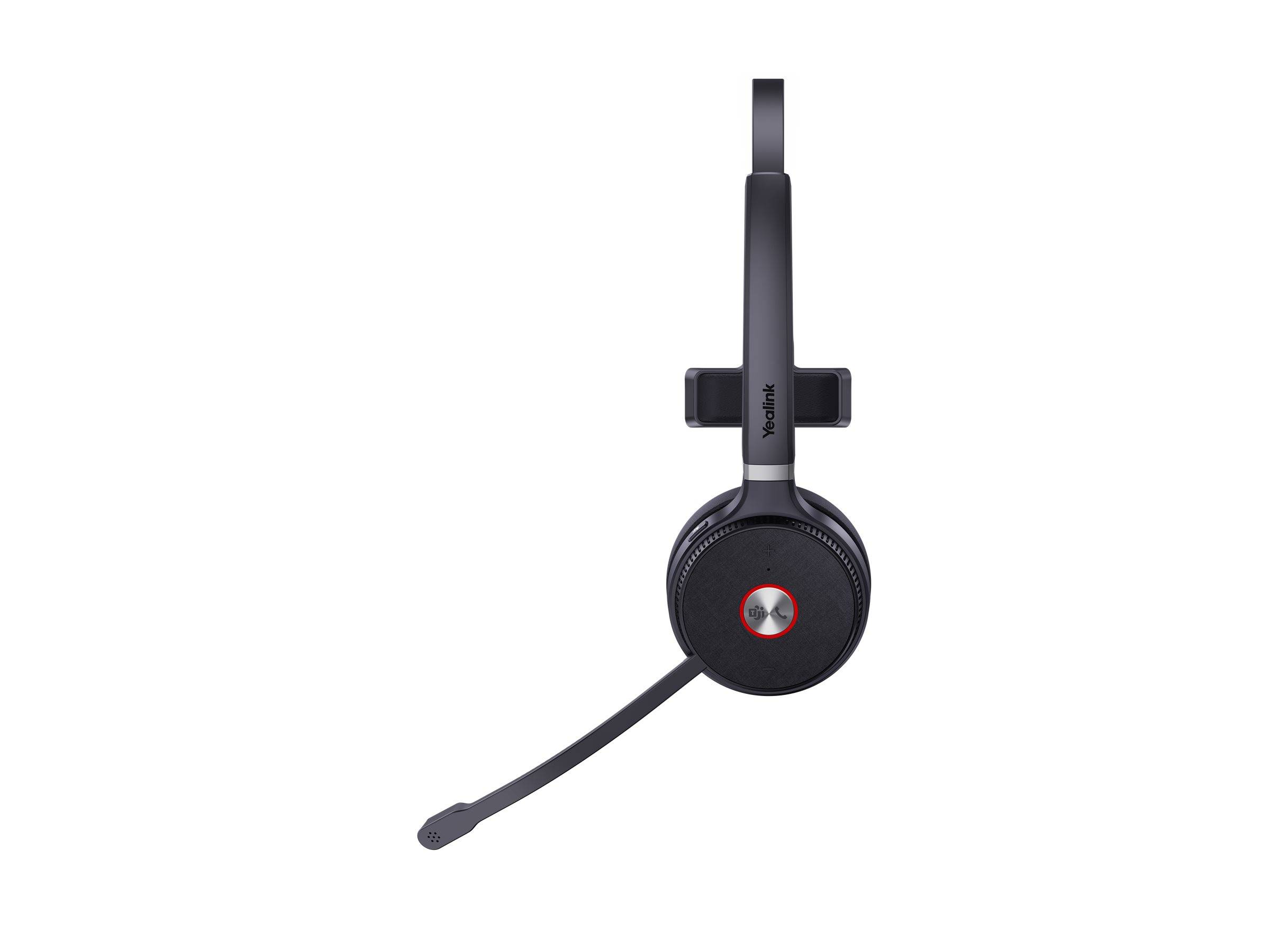 Schwarzes Over-Ear-Kopfhörer-Set mit Boom-Mikrofon, frontal auf weißem Hintergrund dargestellt.
