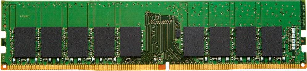 Grünes RAM-Speichermodul mit mehreren schwarzen Chips und goldenen Steckerkontakten an der Unterseite.