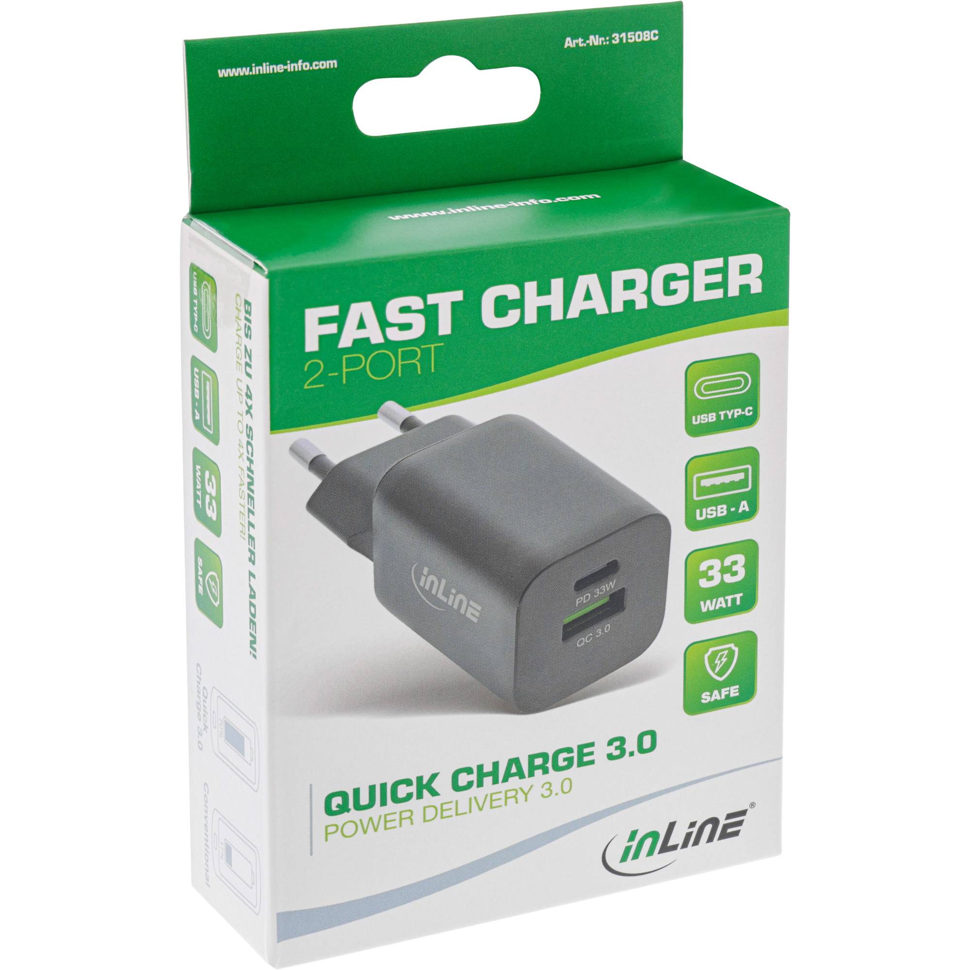 InLine Power Delivery + Quick Charge USB Netzteil - 33W Ladegerät - USB-A + USB-
