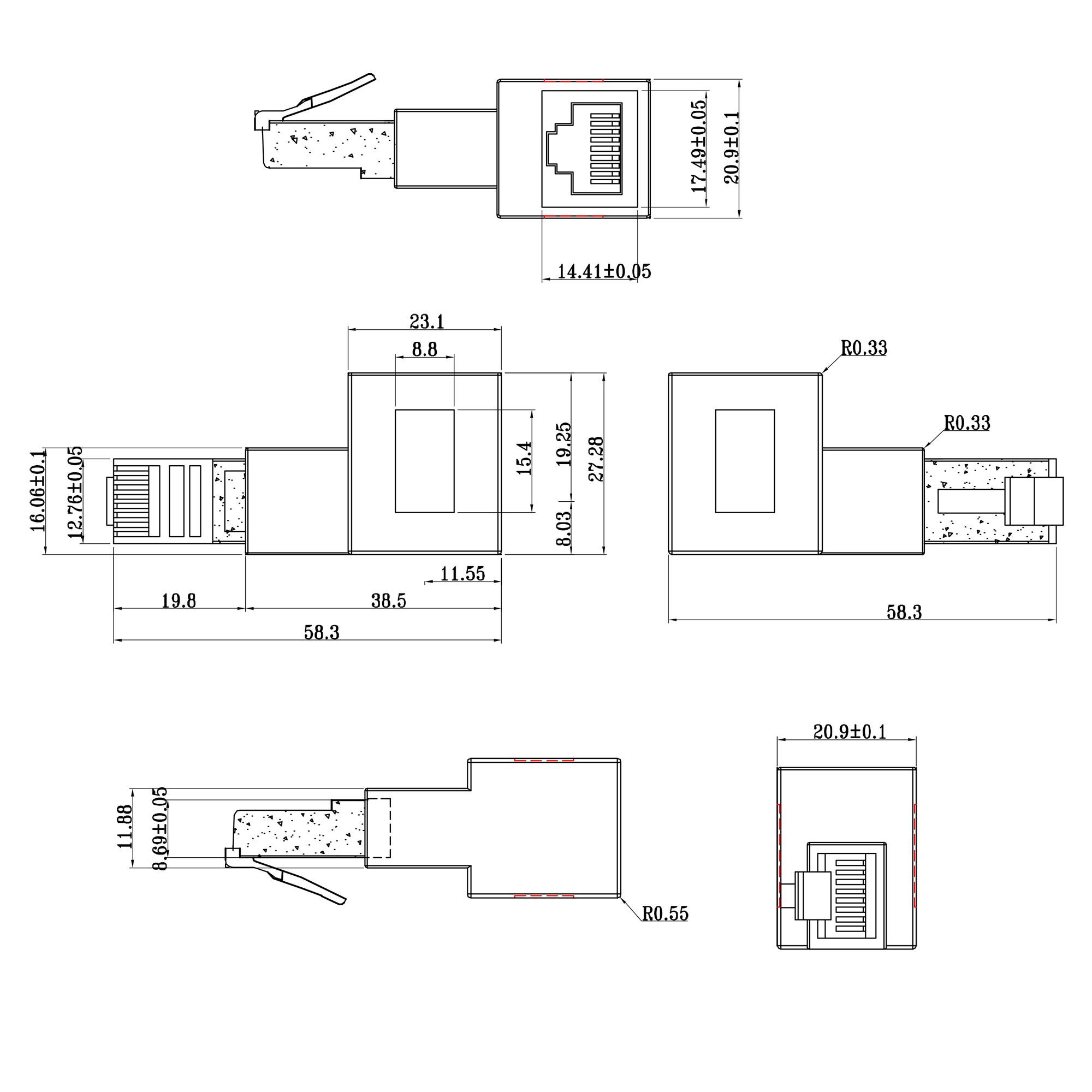 INLINE - Patchkabel-Adapter Cat.6A - RJ45 Stecker/Buchse - 90° rechts gewinkelt