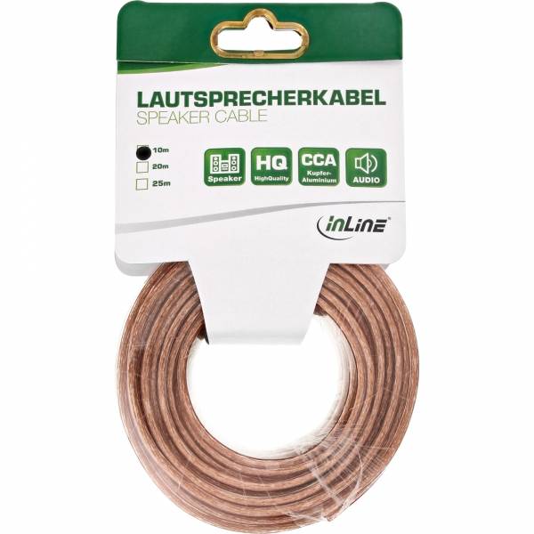 Spiralförmiges Lautsprecherkabel mit Beschriftung 'Lautsprecherkabel', mit Symbolen für Längen von 10m, 20m, 25m und Merkmalen wie HQ, CCA und Audio.