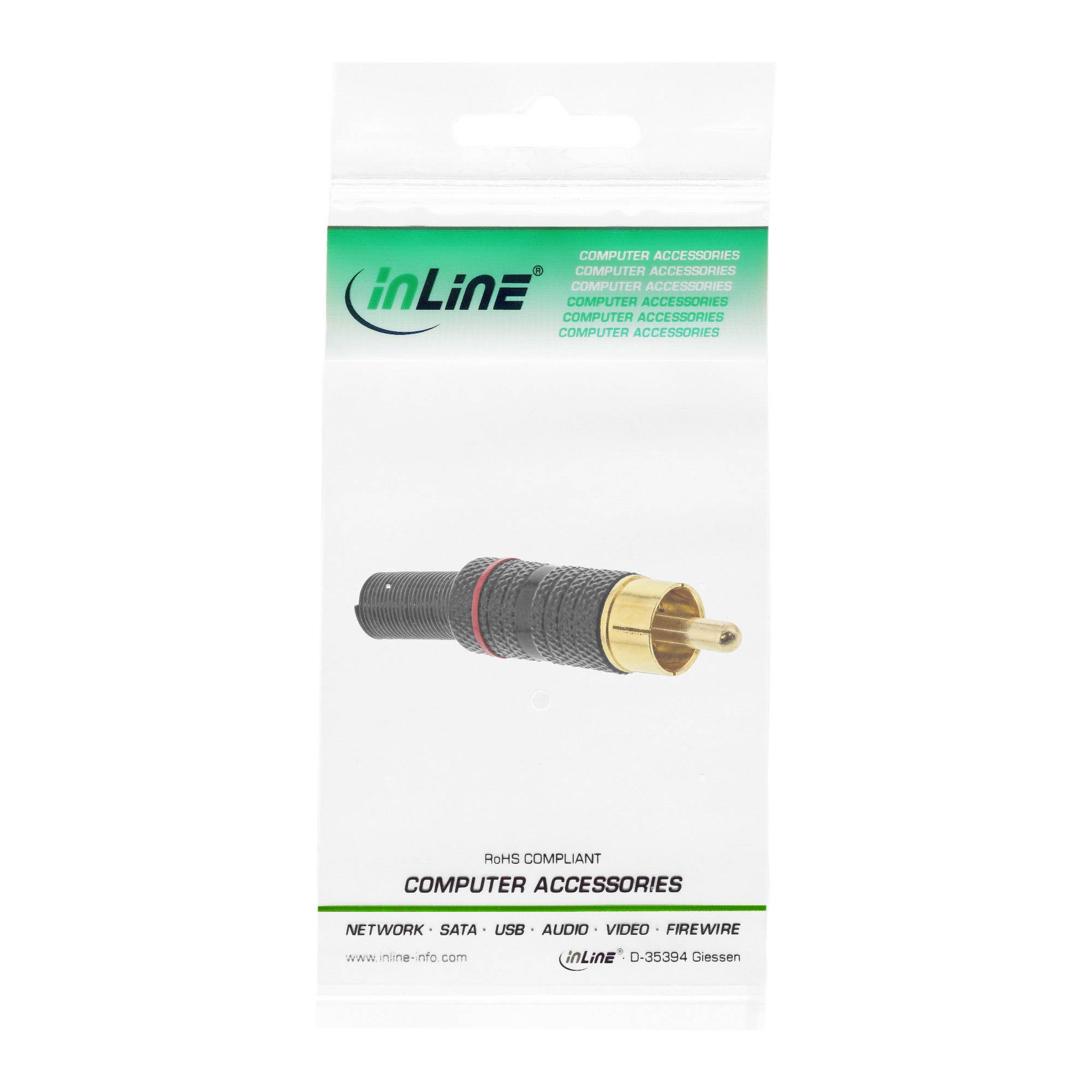 INLINE - Cinchstecker Lötversion - Metall schwarz - Ring rot - für 6mm Kabel