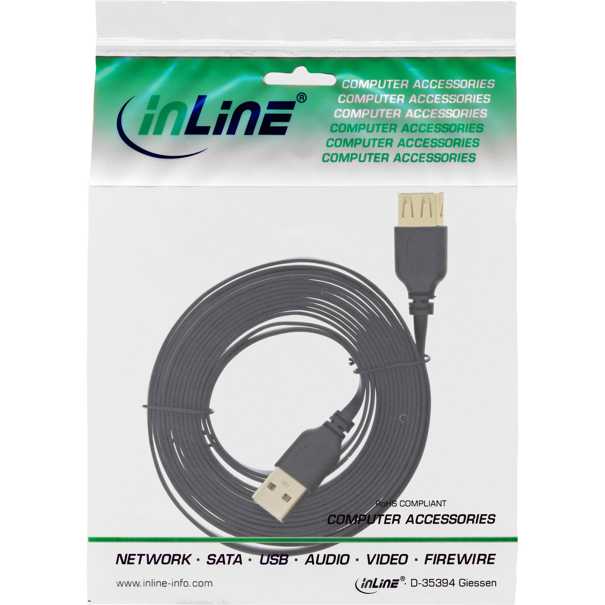 INLINE - USB 2.0 Flachkabel Verlängerung - A ST / BU - schwarz - Kontakte gold - 2m