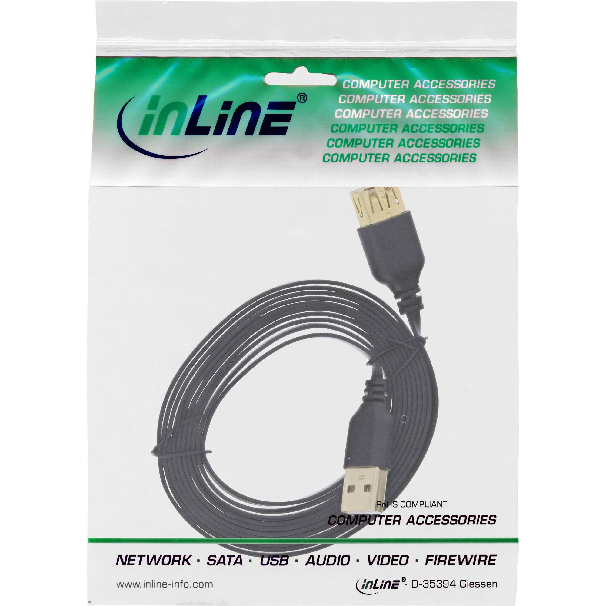 INLINE - USB 2.0 Flachkabel Verlängerung - A ST / BU - schwarz - Kontakte gold - 2m