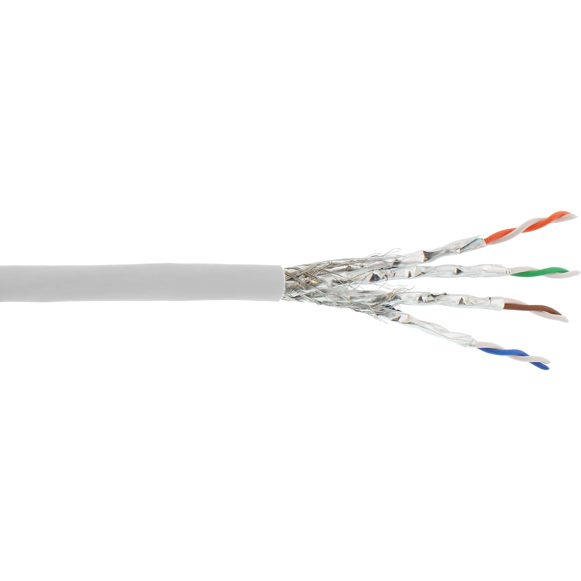 Ein durchtrennntes Ethernet-Kabel mit freiliegenden verdrillten Adernpaaren in Orange, Grün, Braun und Blau.