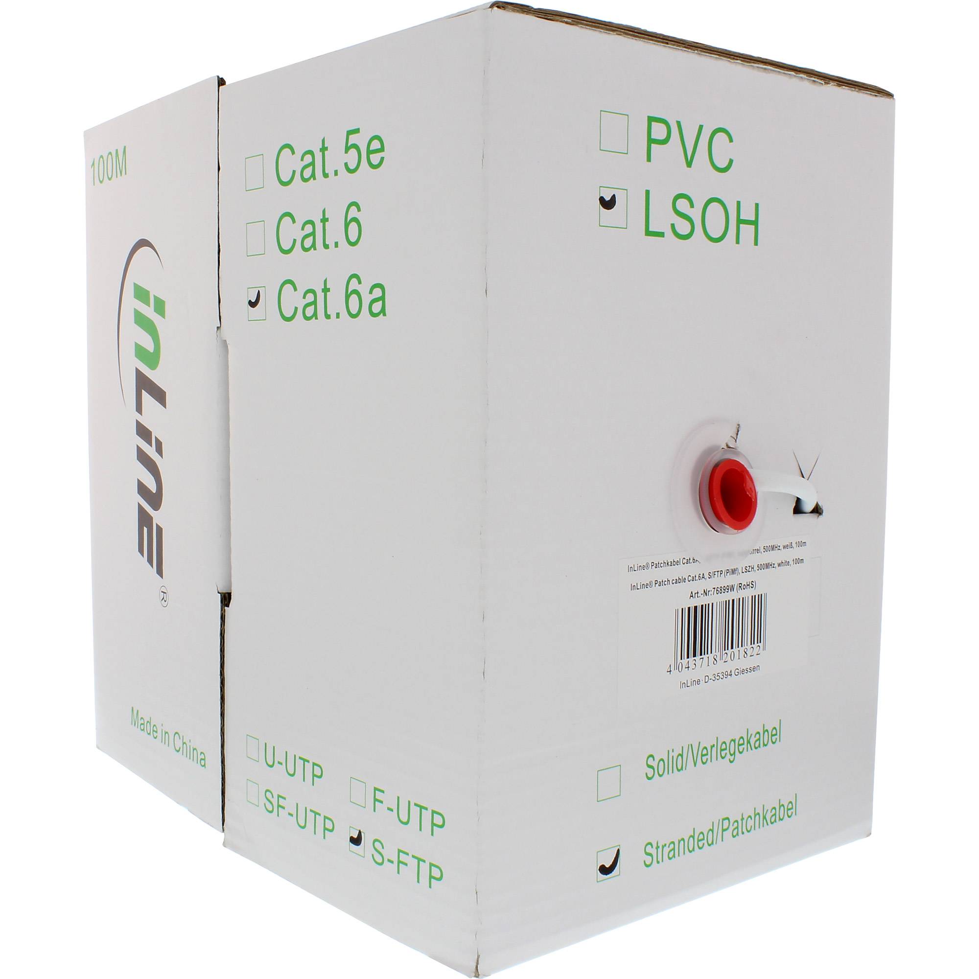 Weiße Kabelbox mit der Beschriftung "InLine"" mit Kontrollkästchen für Cat.6a, LSOH und S-FTP, zeigt eine rote Kabelspule und einen Barcode.