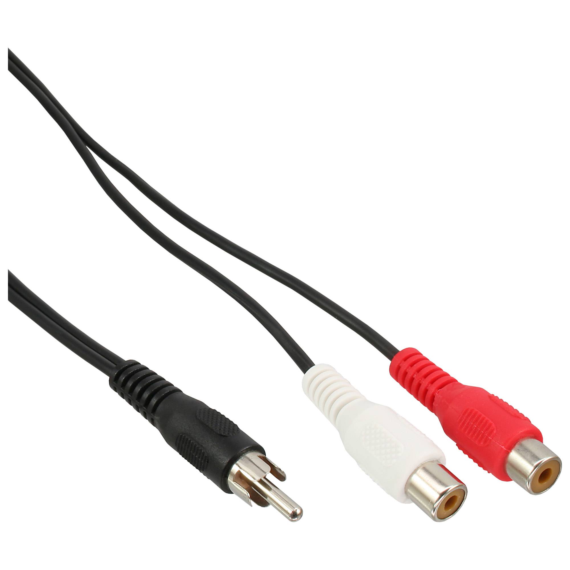 Rot-weiße RCA-Audiokabel mit Steckverbindern; das schwarze Kabel verfügt über einen Stecker, während die rot-weißen Kabel Buchsen aufweisen.