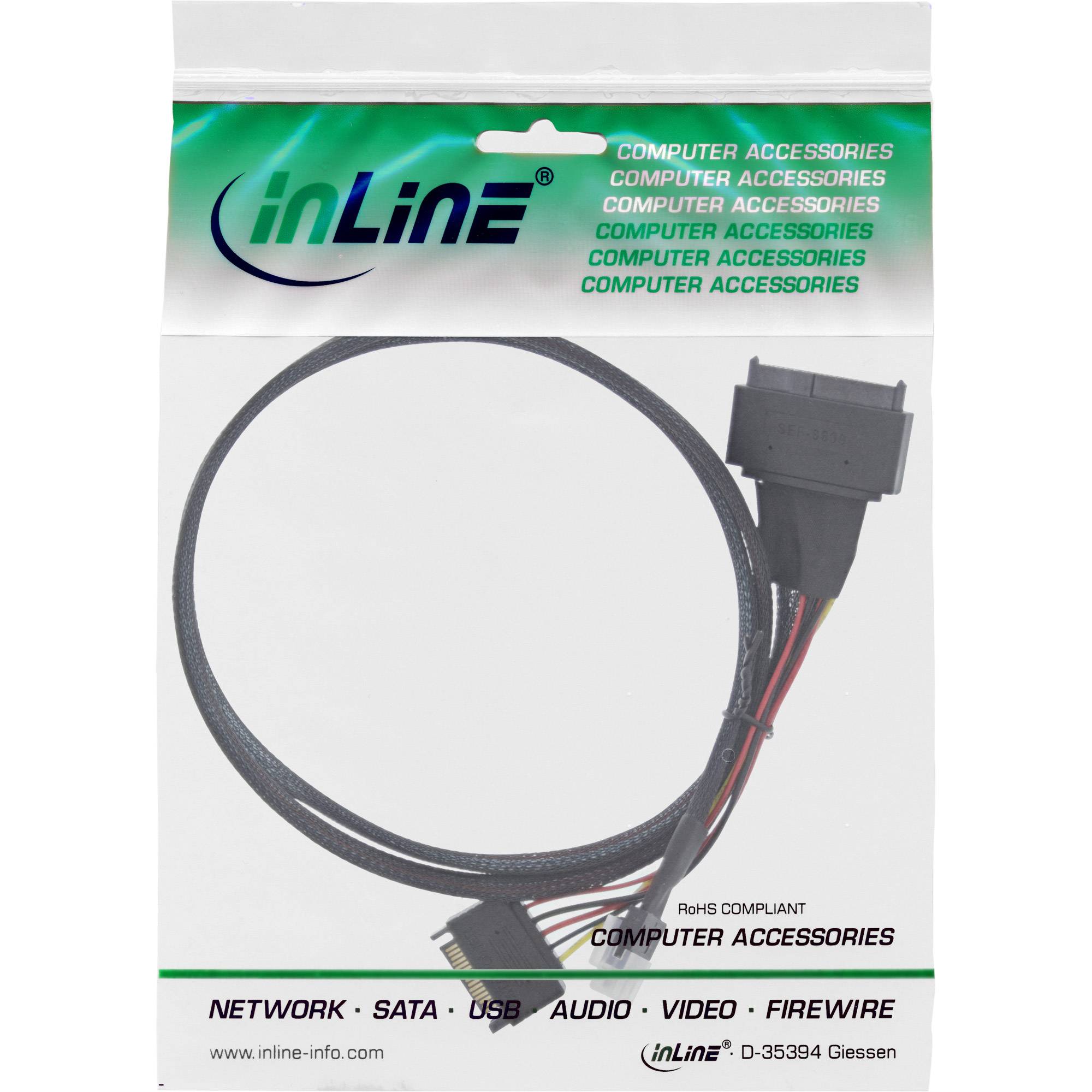 INLINE - Slim SAS Kabel - SFF-8654 4i zu U.2 SFF-8639 + SATA Strom - 24Gb/s - 0,5m