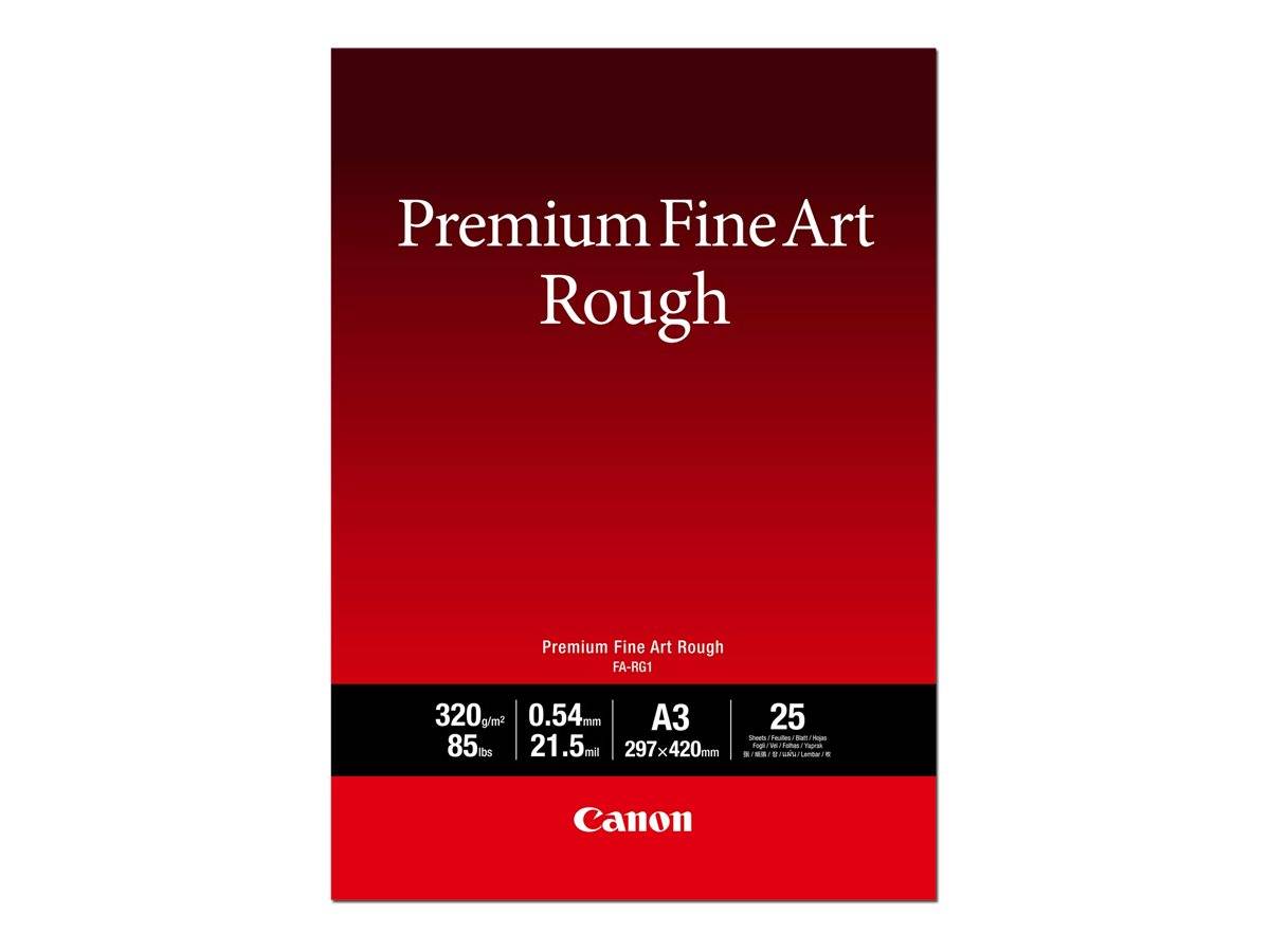 Canon Premium Fine Art Rough A3 Papierpakete mit 320 g/m², 85 lb, 0,54 mm und 25 Blatt.