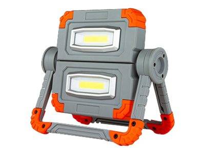 Tragbare LED-Arbeitsleuchte in Grau und Orange mit zwei rechteckigen Lichtpaneelen und einem klappbaren Ständer auf weißem Hintergrund.