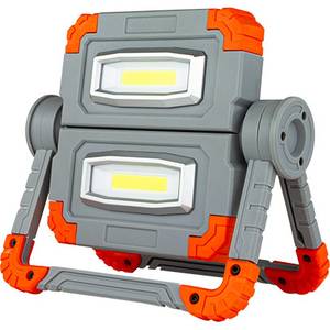 Tragbares LED-Arbeitslicht mit zwei übereinander angeordneten Panels in einem grau und orange akzentuierten Faltrahmen mit Griff.