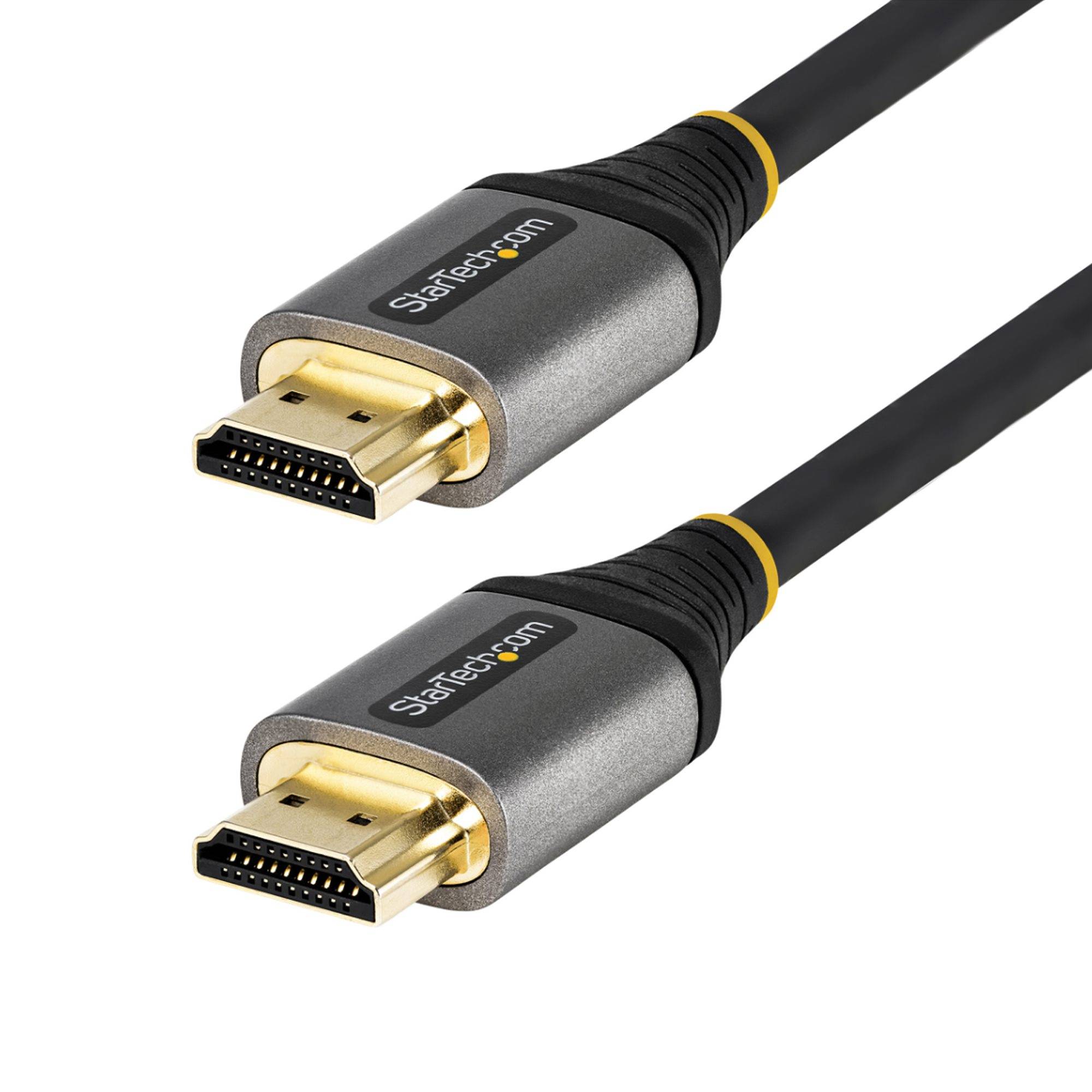 Zwei HDMI-Kabelstecker auf weißem Hintergrund, zeigen vergoldete männliche Stecker mit schwarzen Kabeln und StarTech.com-Branding.