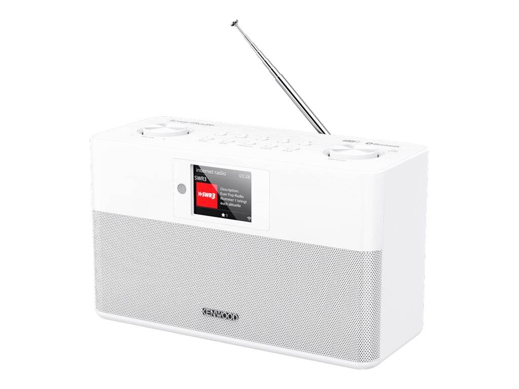 Weißes Tischradio mit Antenne und kleinem Frontdisplay, dargestellt in einem produktstilisierten Bild.
