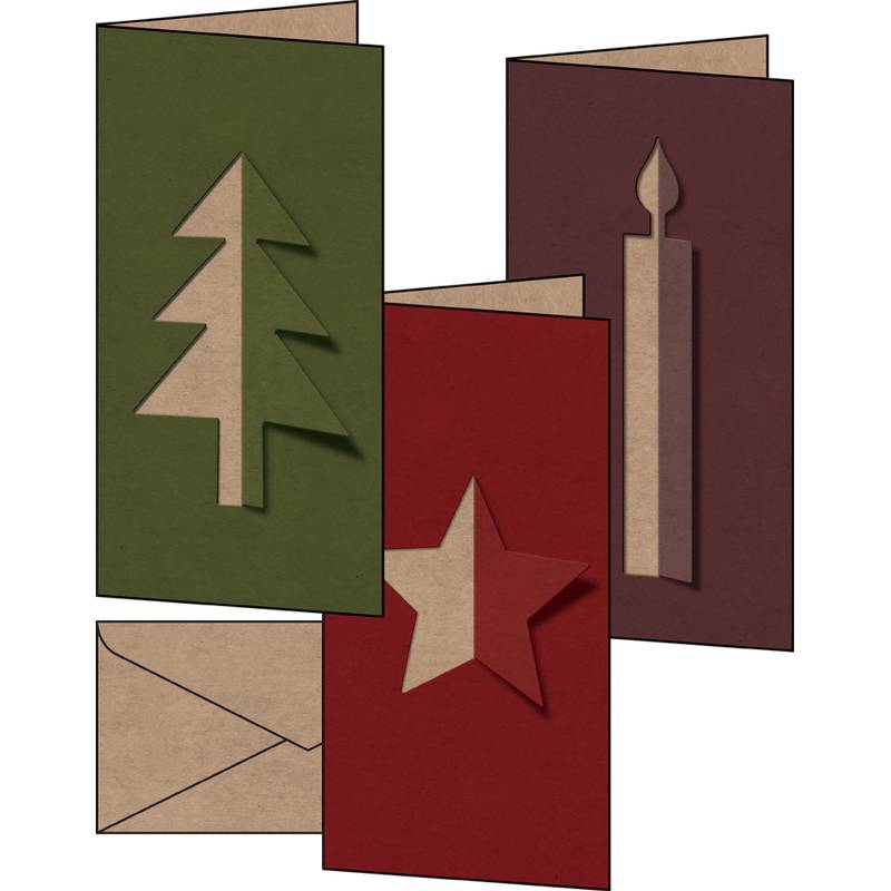 Vier Feiertagskarten werden präsentiert: eine grüne Karte mit einem Baum, eine rote mit einem Stern, eine braune mit einer Kerze und ein Umschlag im Hintergrund.