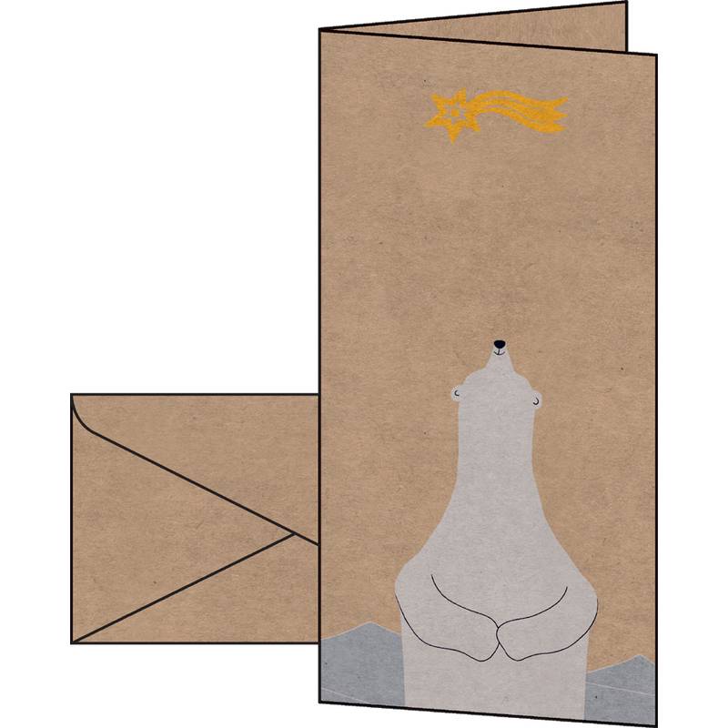 Eine minimalistische Grußkarte zeigt einen stilisierten Eisbären, der zu einem gelben Sternschnuppen auf einem braunen Hintergrund hinaufblickt. Ein Umschlag liegt daneben.