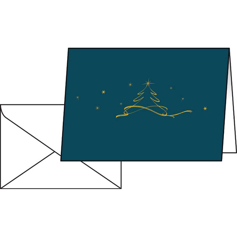 Eine Weihnachtskarte mit einem minimalistischen goldenen Weihnachtsbaumdesign auf einem dunkeltürkisen Hintergrund, begleitet von einem schlichten weißen Umschlag.