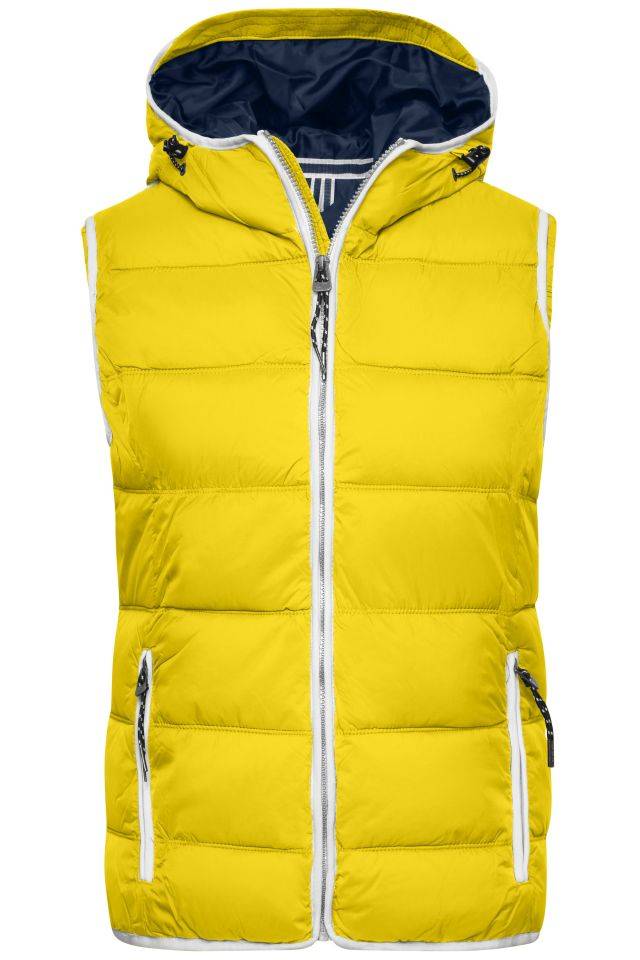 Ladies' Maritime Vest Modische Steppweste mit angeschnittener Kapuze gelb/weiß, Gr. S