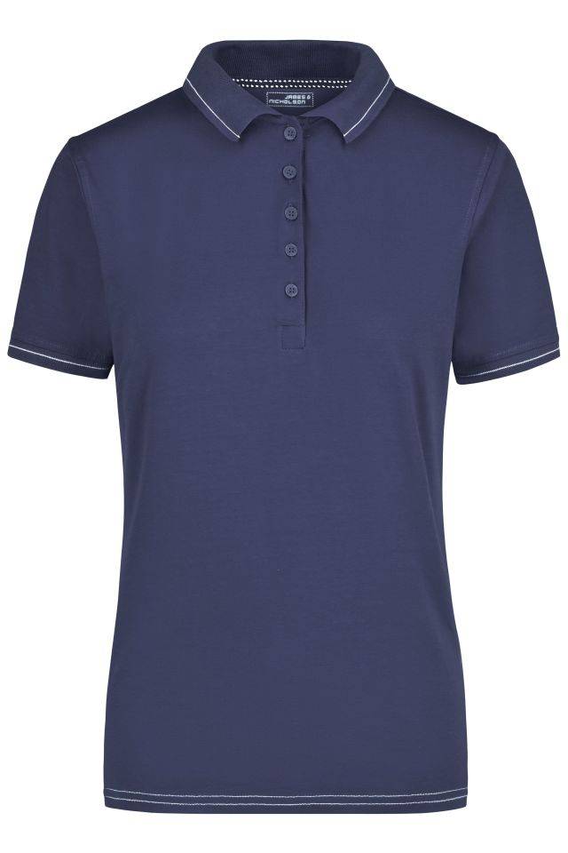 Ladies' Elastic Polo Hochwertiges Poloshirt mit Kontraststreifen weiß/blau, Gr. M