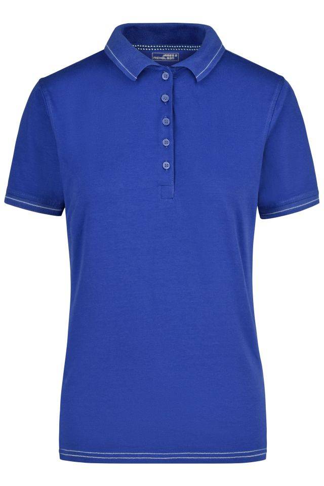 Ladies' Elastic Polo Hochwertiges Poloshirt mit Kontraststreifen weiß/blau, Gr. S