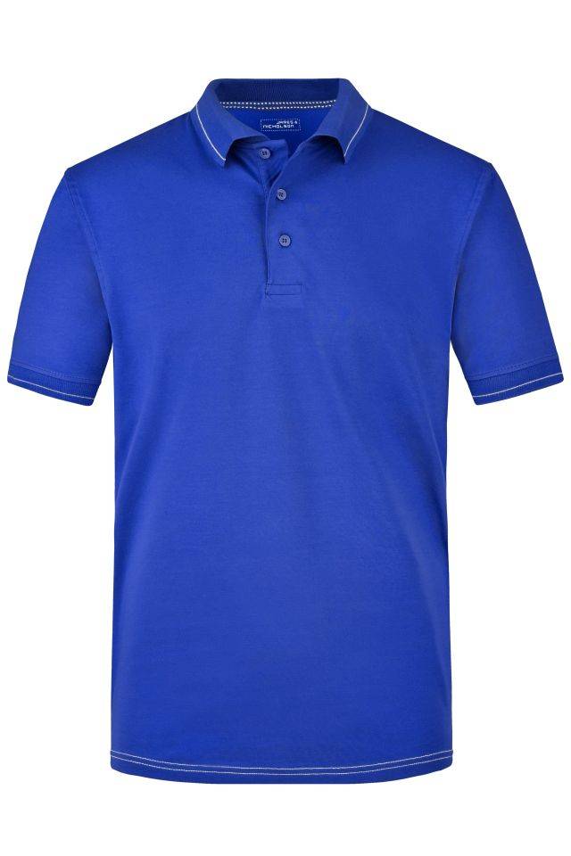 Men's Elastic Polo Hochwertiges Poloshirt mit Kontraststreifen weiß/blau, Gr. M