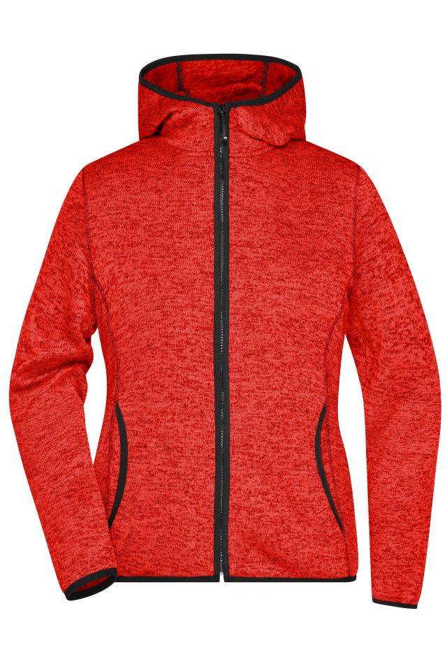 Ladies' Knitted Fleece Hoody Kapuzenjacke aus Strickfleece in Melangeoptik rot/schwarz, Gr. S