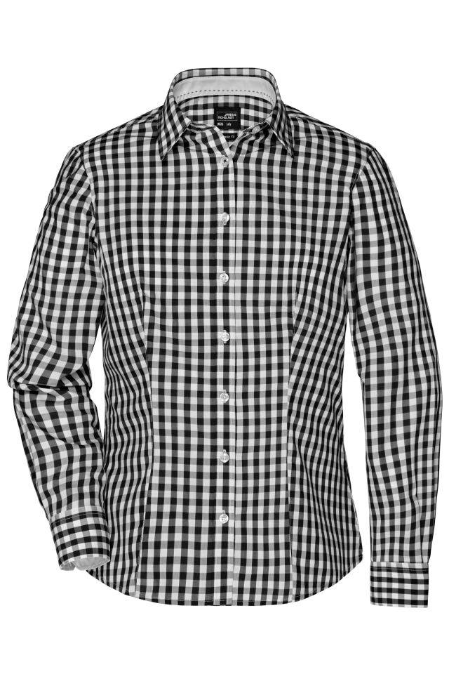 Ladies' Checked Blouse Modisches Karoshirt mit Uni-Einsätzen an Kragen und Manschette weiß/schwarz, Gr. XS