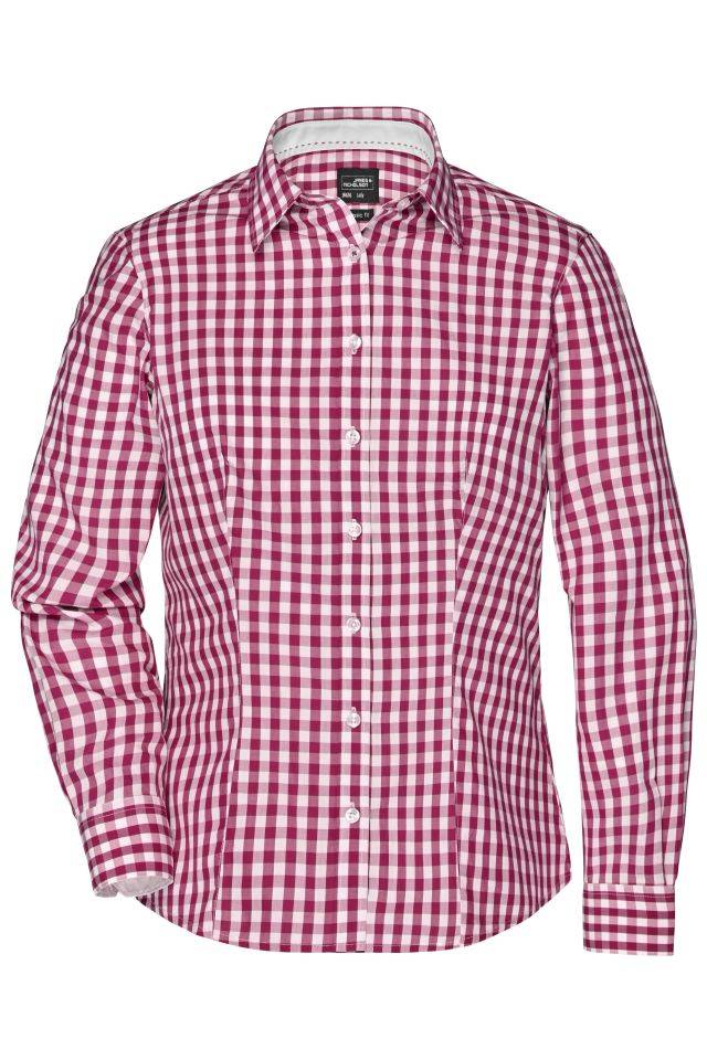 Ladies' Checked Blouse Modisches Karoshirt mit Uni-Einsätzen an Kragen und Manschette weiß/rot/weinrot, Gr. XS