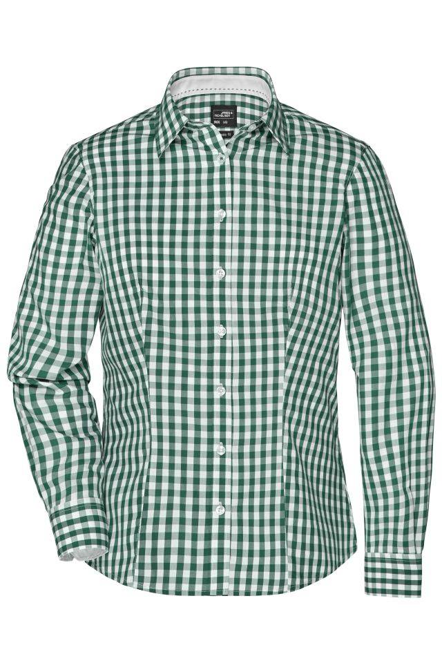 Ladies' Checked Blouse Modisches Karoshirt mit Uni-Einsätzen an Kragen und Manschette grün/weiß, Gr. XS
