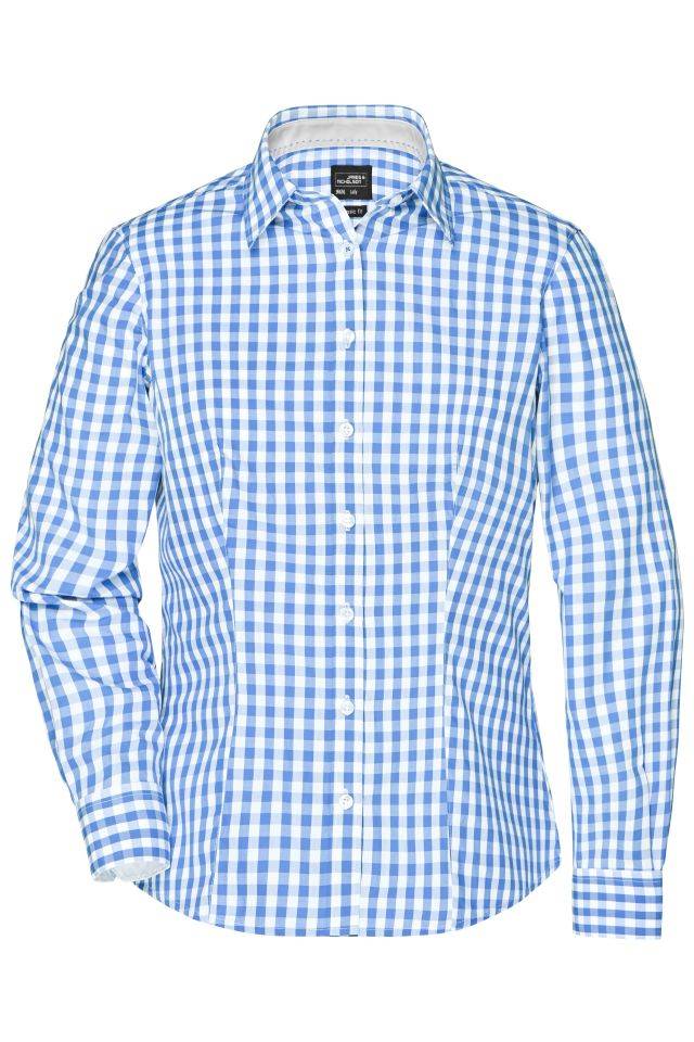 Ladies' Checked Blouse Modisches Karoshirt mit Uni-Einsätzen an Kragen und Manschette blau/weiß, Gr. M