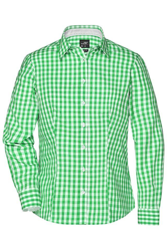 Ladies' Checked Blouse Modisches Karoshirt mit Uni-Einsätzen an Kragen und Manschette weiß/grün, Gr. S