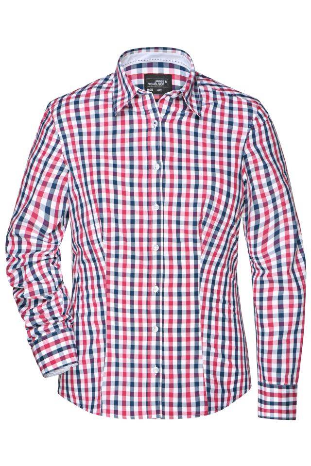 Ladies' Checked Blouse Modisches Karoshirt mit Uni-Einsätzen an Kragen und Manschette blau/weiß/rot, Gr. XS