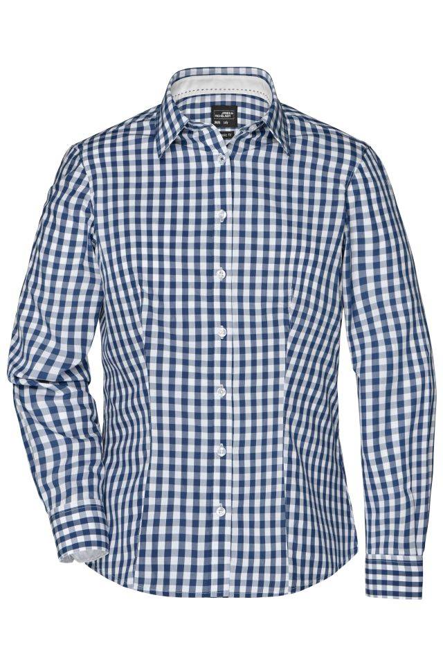 Ladies' Checked Blouse Modisches Karoshirt mit Uni-Einsätzen an Kragen und Manschette weiß/blau, Gr. XS