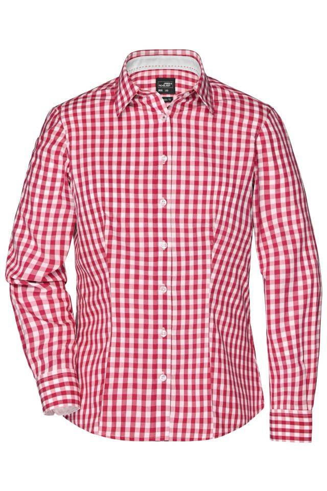 Ladies' Checked Blouse Modisches Karoshirt mit Uni-Einsätzen an Kragen und Manschette weiß/rot, Gr. XS