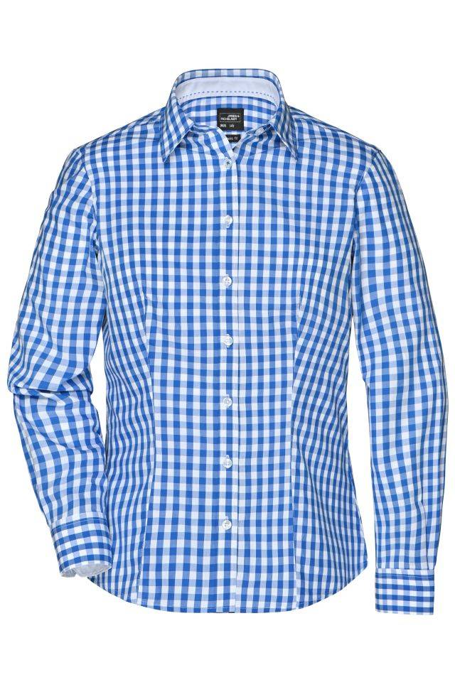 Ladies' Checked Blouse Modisches Karoshirt mit Uni-Einsätzen an Kragen und Manschette weiß/blau, Gr. XXL