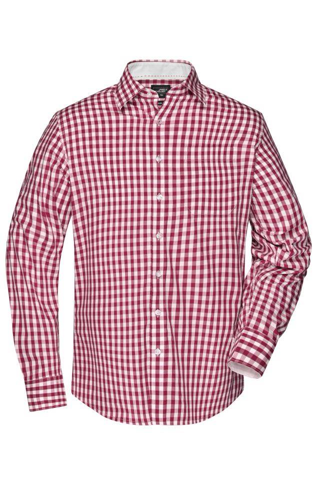 Men's Checked Shirt Modisches Karoshirt mit Uni-Einsätzen an Kragen und Manschette weiß/rot/weinrot, Gr. S