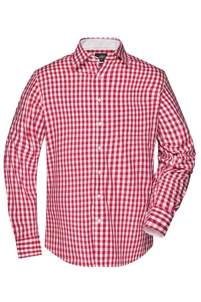 Men's Checked Shirt Modisches Karoshirt mit Uni-Einsätzen an Kragen und Manschette weiß/rot, Gr. 3XL