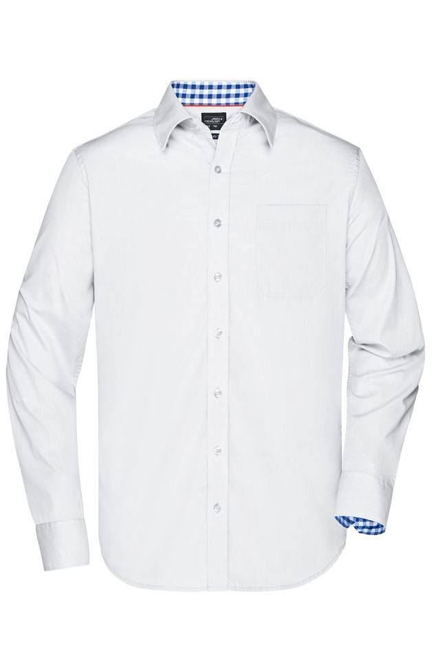 Men's Plain Shirt Modisches Shirt mit Karo-Einsätzen an Kragen und Manschette blau/weiß, Gr. M