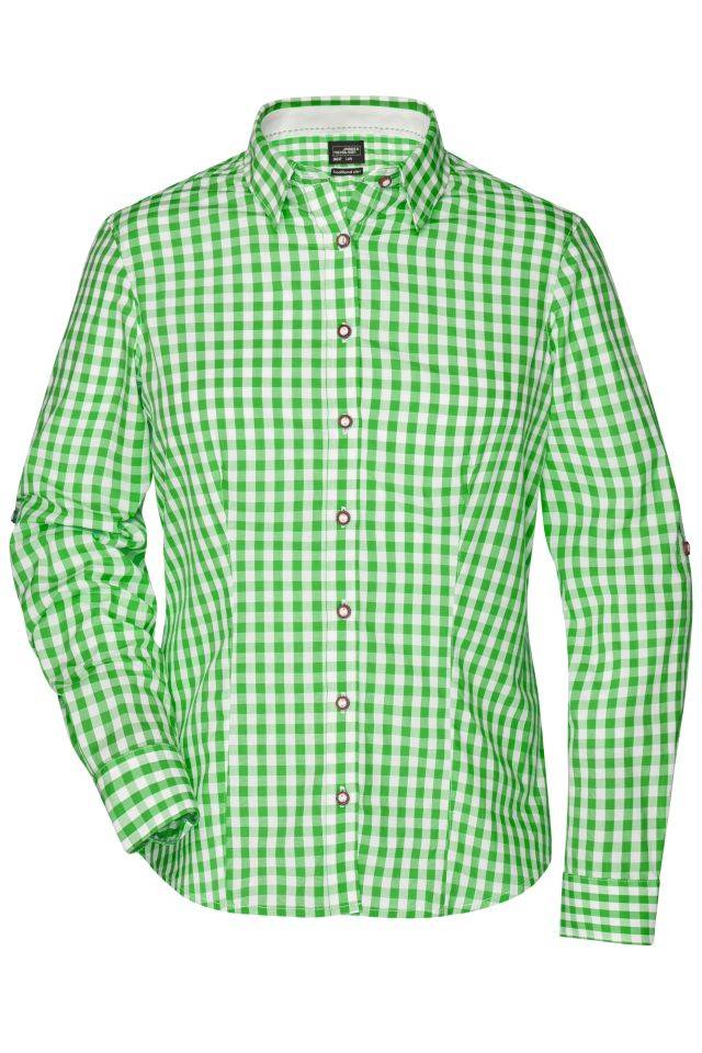 Ladies' Traditional Shirt Damen-Bluse und Herren-Hemd im klassischen Trachtenlook weiß/grün, Gr. XL
