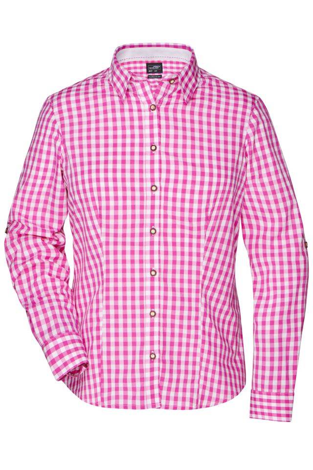 Ladies' Traditional Shirt Damen-Bluse und Herren-Hemd im klassischen Trachtenlook weiß/lila, Gr. XXL