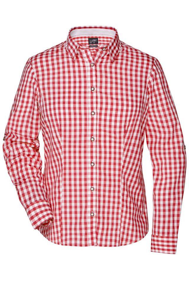 Ladies' Traditional Shirt Damen-Bluse und Herren-Hemd im klassischen Trachtenlook weiß/rot, Gr. S