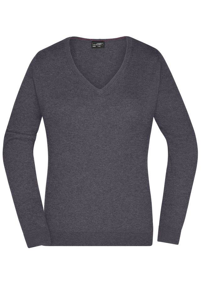Ladies' V-Neck Pullover Klassischer Baumwoll-Pullover grau/schwarz, Gr. XS