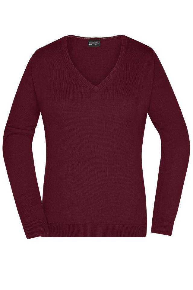 Ladies' V-Neck Pullover Klassischer Baumwoll-Pullover rot/weinrot, Gr. XS
