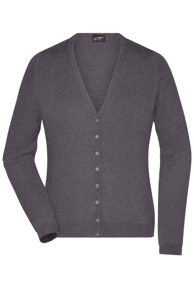 Ladies' V-Neck Cardigan Klassische Baumwoll-Strickjacke grau/schwarz, Gr. XS