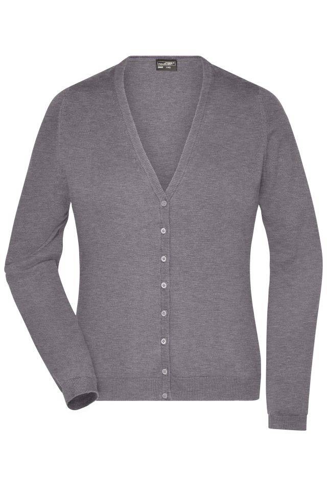 Ladies' V-Neck Cardigan Klassische Baumwoll-Strickjacke grau, Gr. L